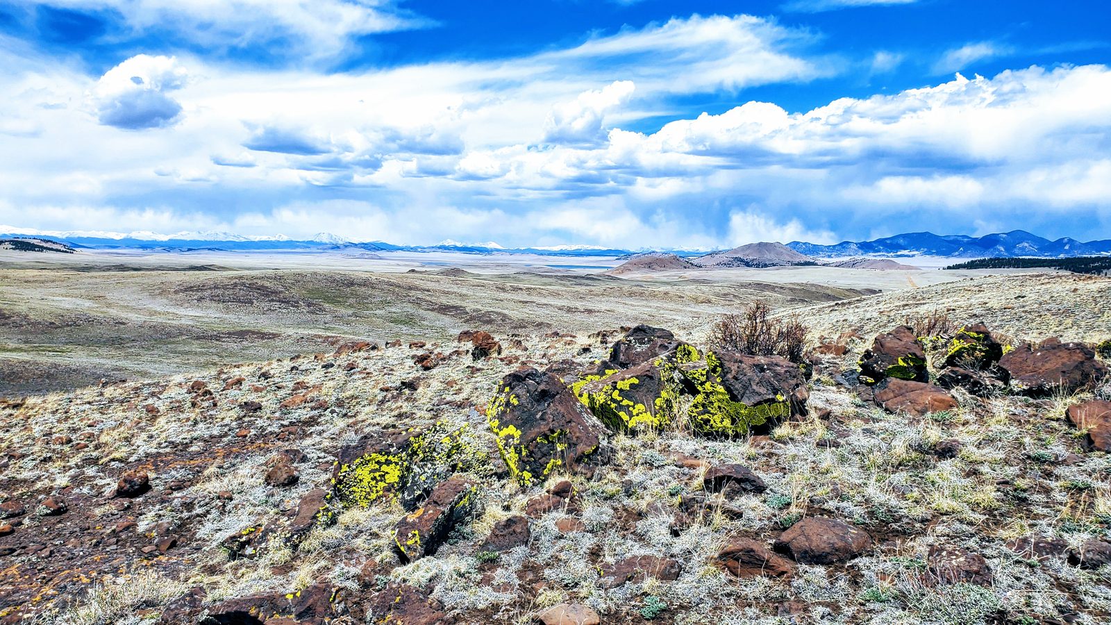 Lichen-covered rocks on an open plateau with distant peaks at 11 Mile View, Park County, Colorado