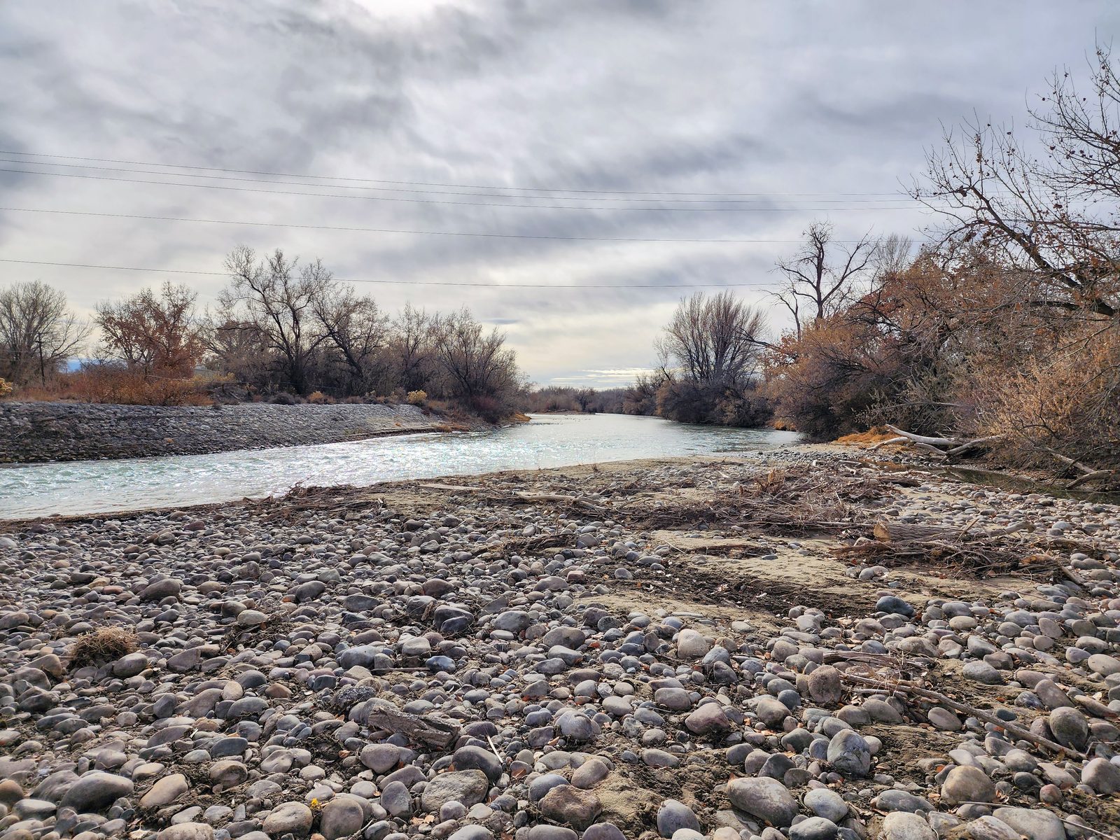 Rocky river bank with cottonwoods along the water at Gomez Farm, San Juan County, New Mexico