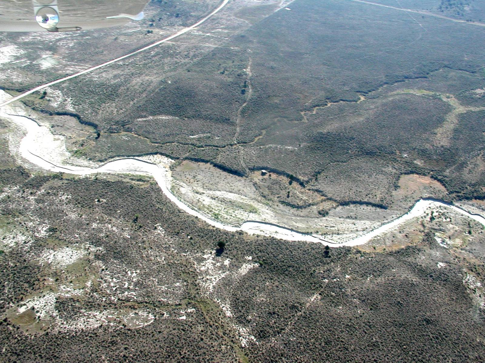 Aerial view of a pale winding channel through scrub, Little Arroyo Blanco, Rio Arriba County, New Mexico