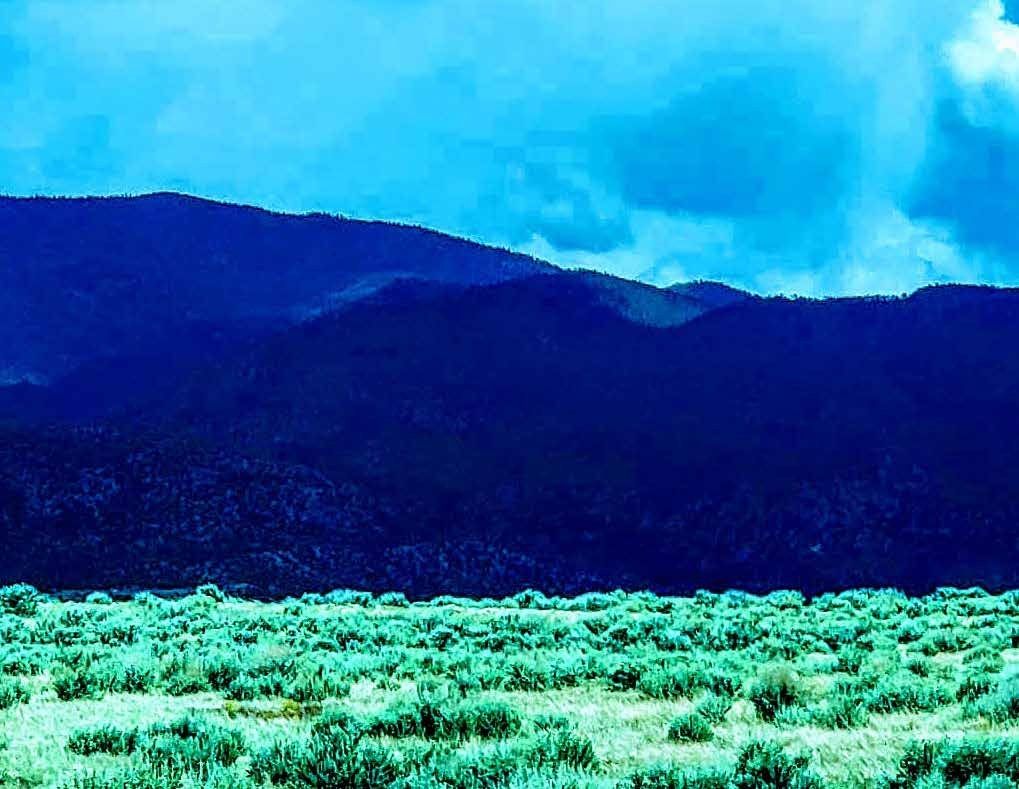 Sagebrush pasture and dark mountain ridges at Taos Enchanted Valley, Taos County, New Mexico